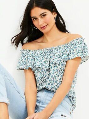 Ann Taylor Loft Womens Linen Top Blue Floral Flutter Square Neck Blouse XS NEW
